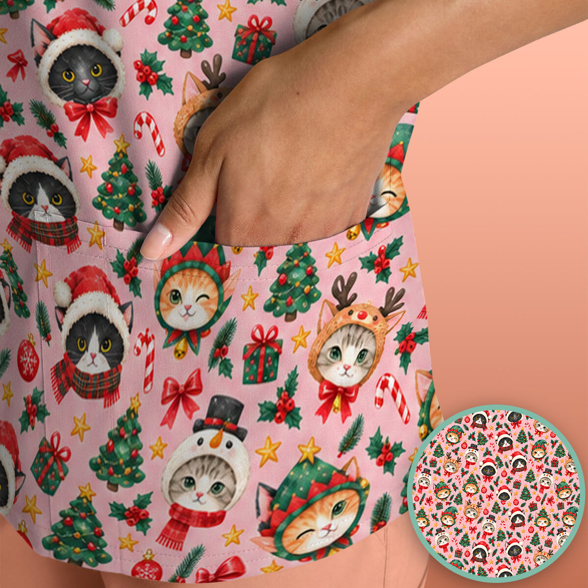 Christmas Cats And Trees Pattern Scrub Top, Comfortable Scrubs for Nurses