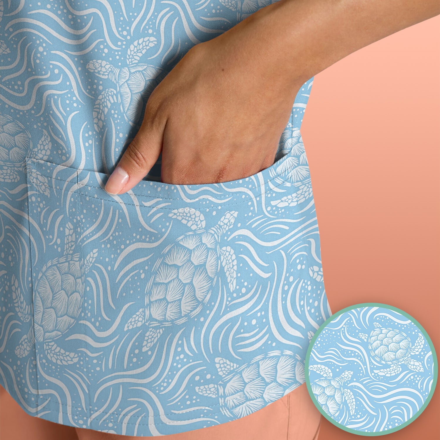 Cute Ocean Sea Turtle Waves Pattern Scrub Top, Comfortable Scrubs for Nurses