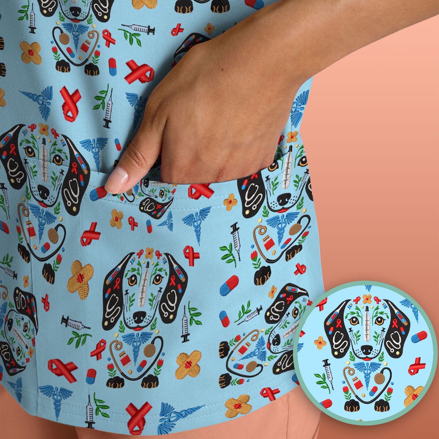 Dachshund Medical Icon Pattern Scrub Top, Comfortable Scrubs for Nurses