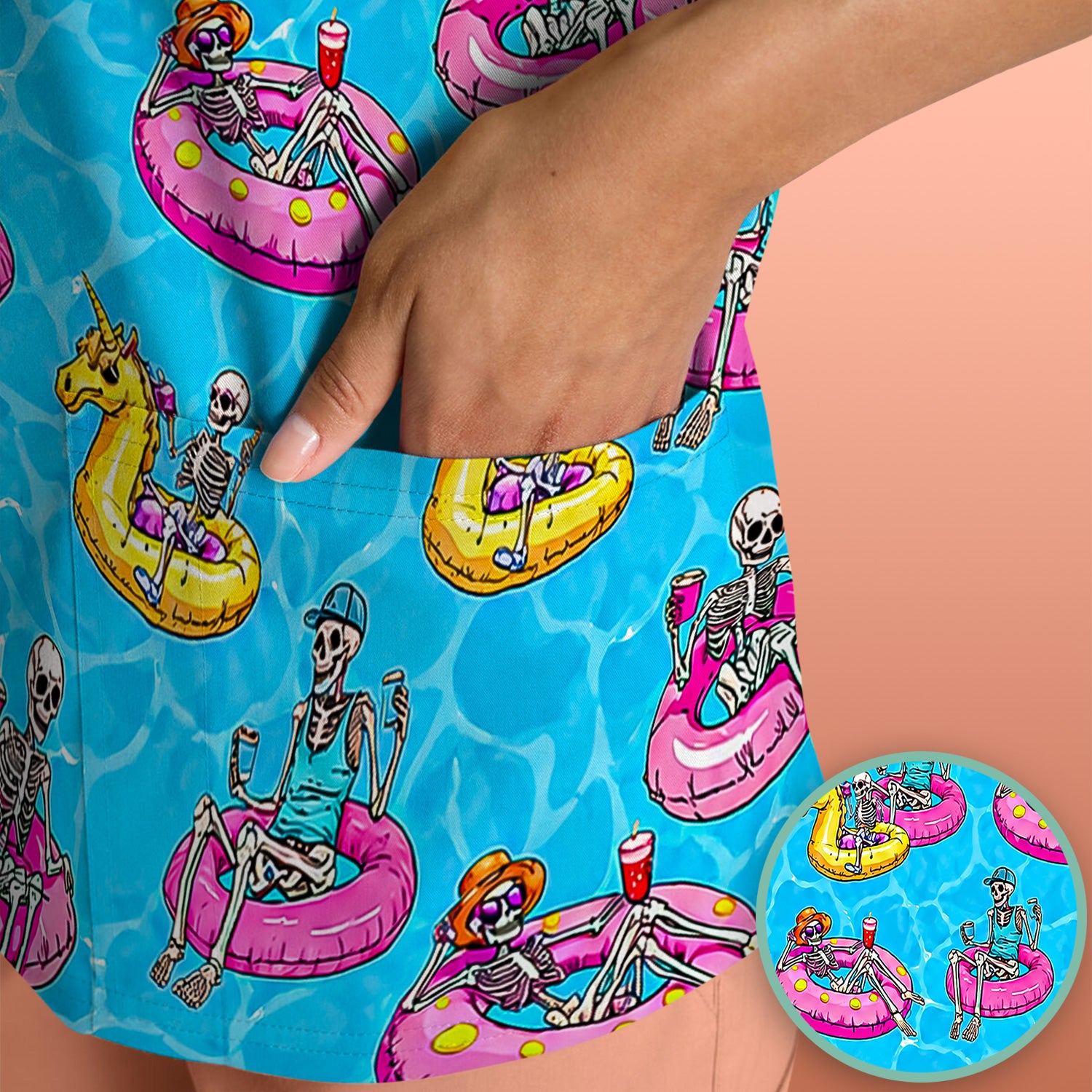 Summerween Skeleton with Pool Float Print Scrub Top, Comfortable Scrubs for Nurses
