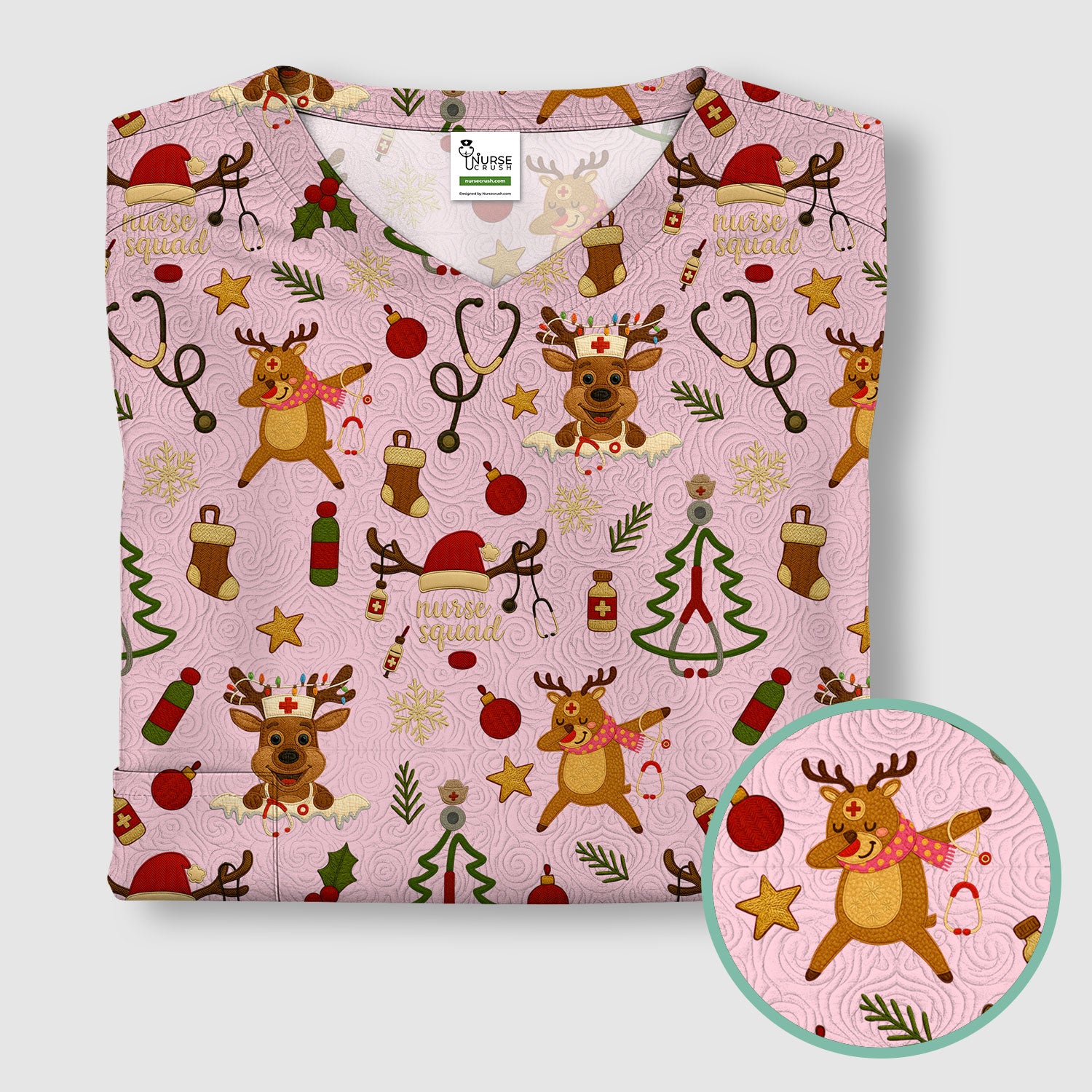 Christmas Reindeer Scrub Top - Cute Holiday Nurse Scrubs with Reindeer Print - Funny Xmas Medical Scrub Shirt Gift for Women CNA RN Doctor