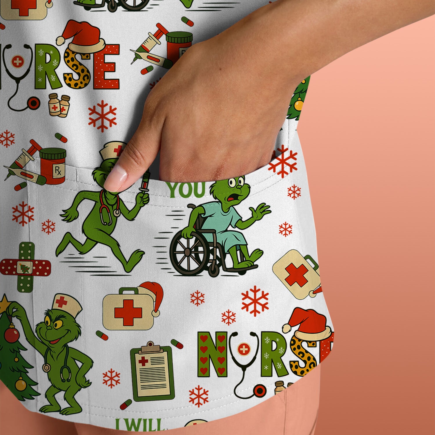 Christmas Nurse Scrub Shirt - Funny Grinch Scrub Top for Women Multi Color - Holiday Nursing Work Shirt with Pockets