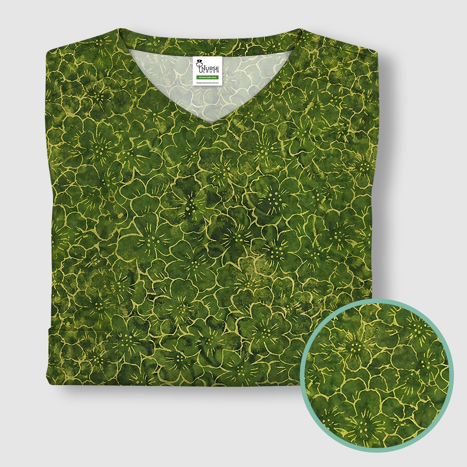 Green Floral Blossom Pattern Scrub Top, Comfortable Scrubs for Nurses
