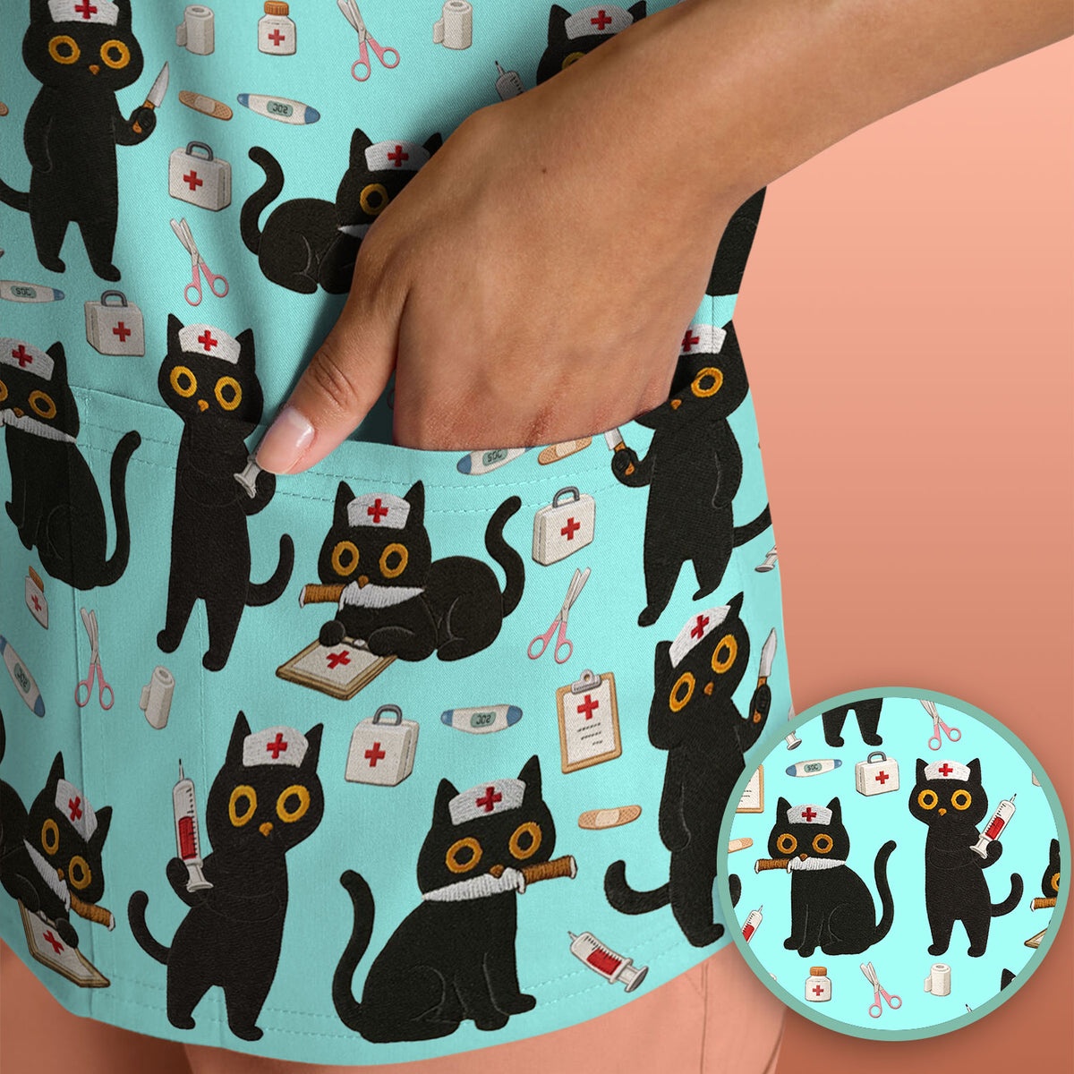 Cute Black Cat Nurse Pattern Scrub Top, Comfortable Scrubs for Nurses