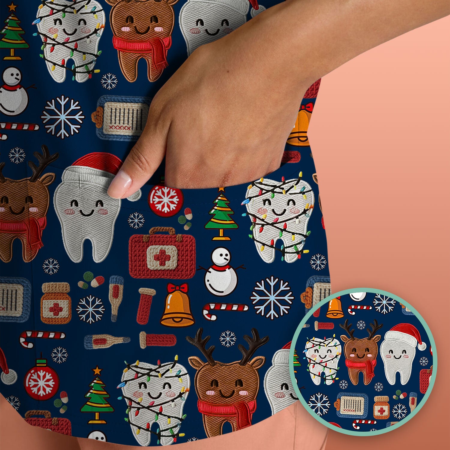 Christmas Dental Scrub Top - Cute Santa & Reindeer Tooth Shirt - Funny Holiday Medical Uniform for Dentists, Hygienists & Nurses