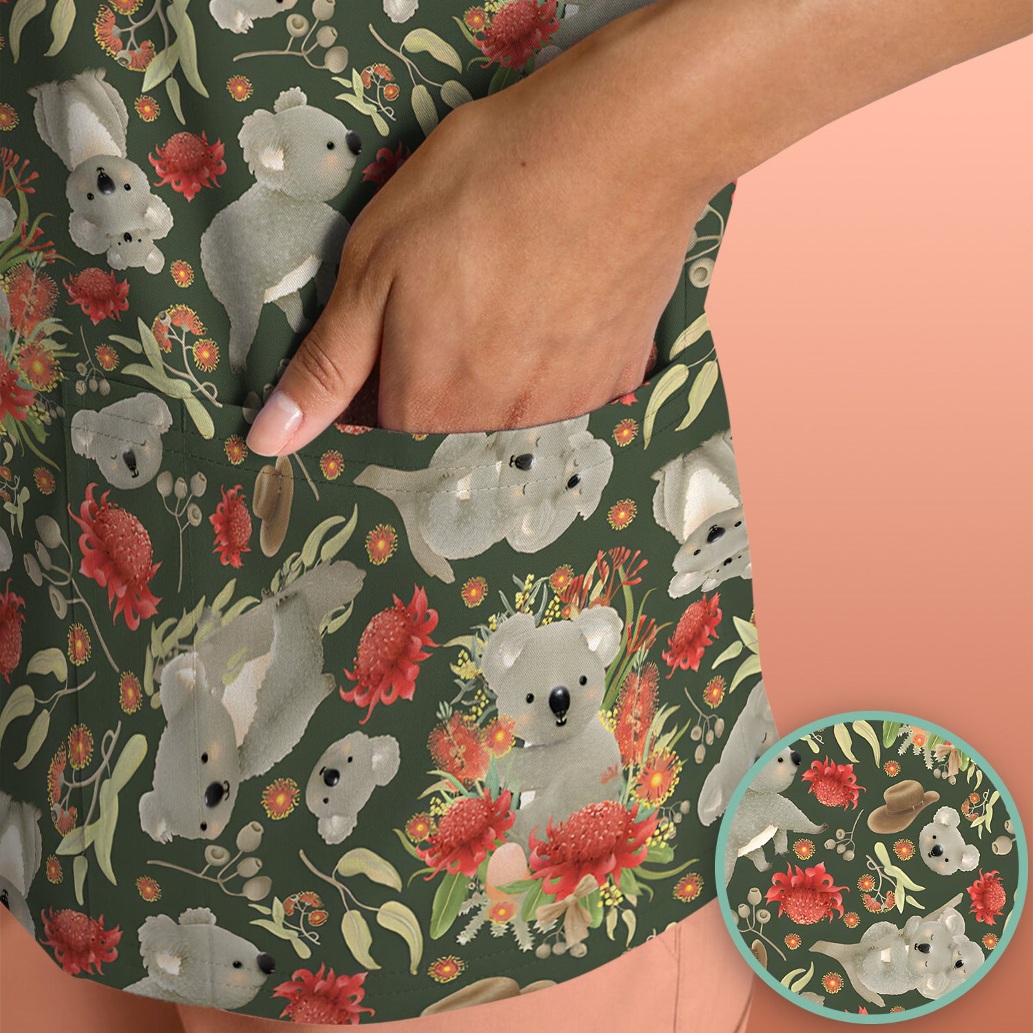 Cute Koala Wildflower Pattern Scrub Top, Comfortable Scrubs for Nurses