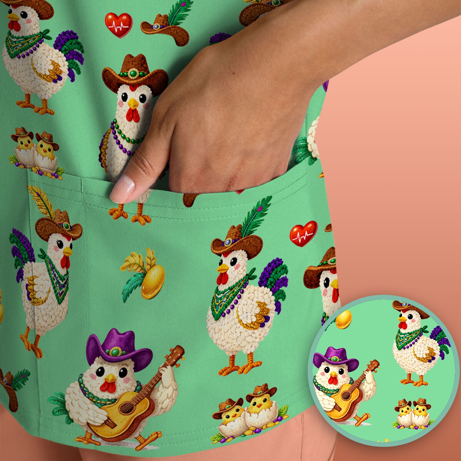 Funny Mardi Gras Rooster Cowboy Print Scrub Top, Comfortable Scrubs for Nurses