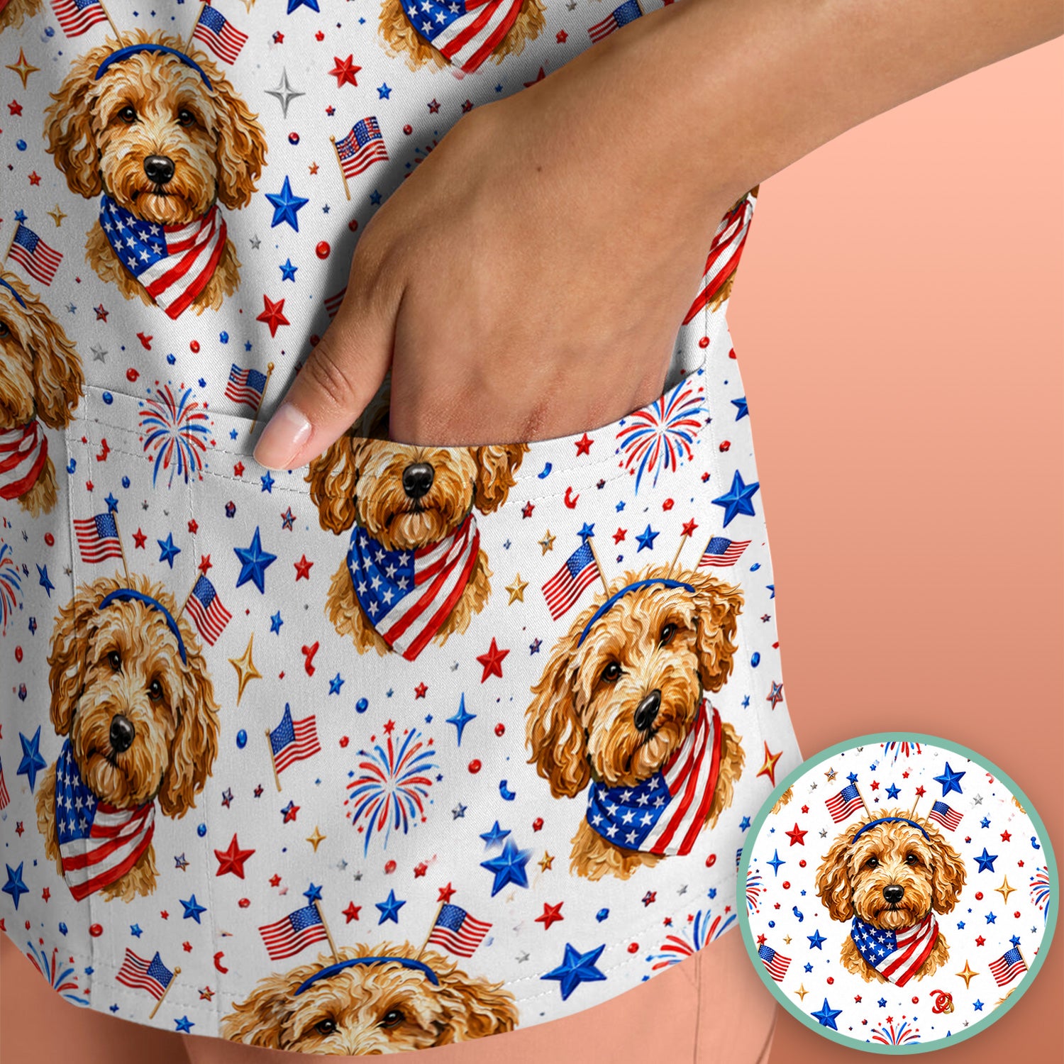 Patriotic Goldendoodle Nurse Scrub Top for RN, CNA, Dog Lover Fourth Of July Uniform
