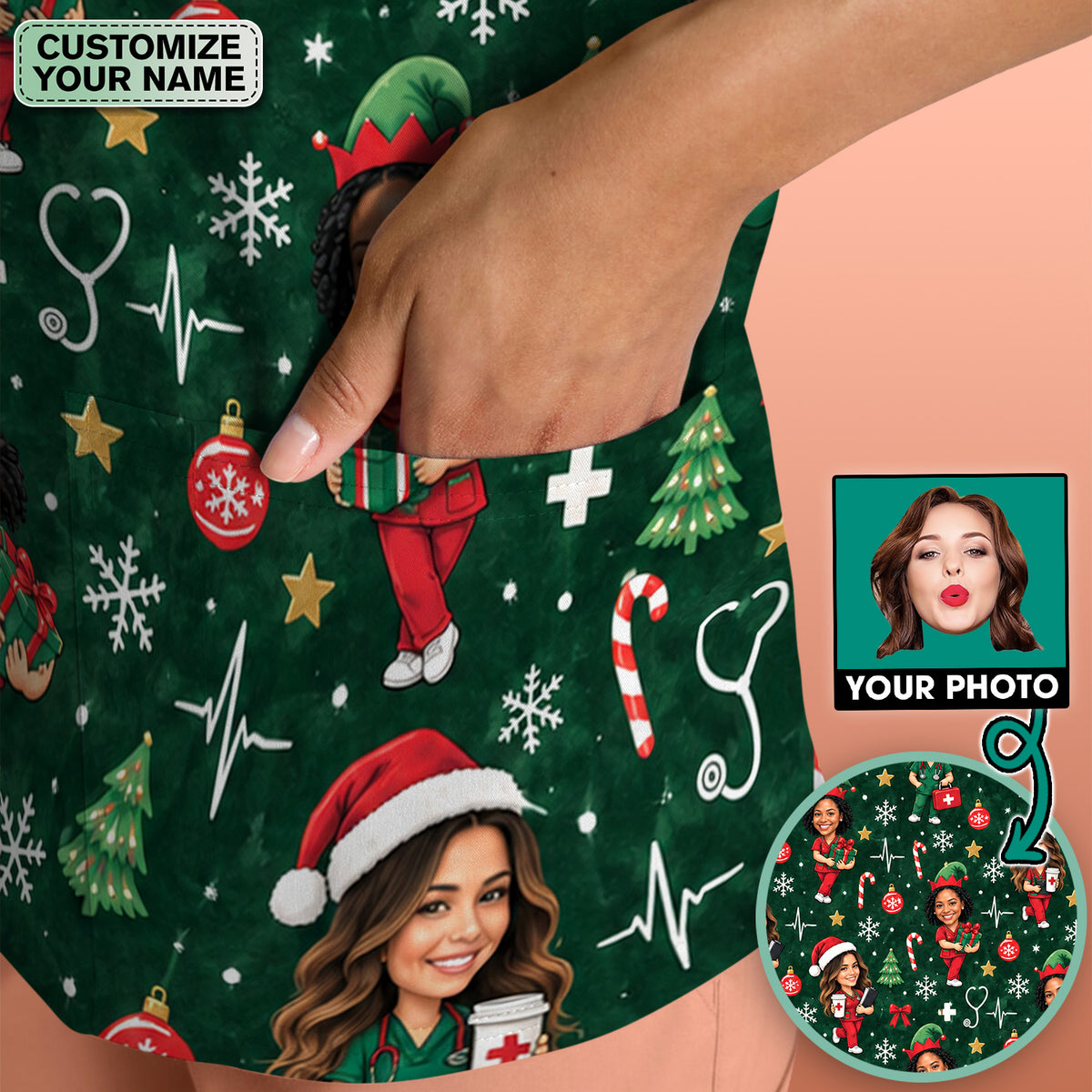 Personalized Christmas Nurse Photo And Name Scrub Top, Comfortable Scrubs for Nurses