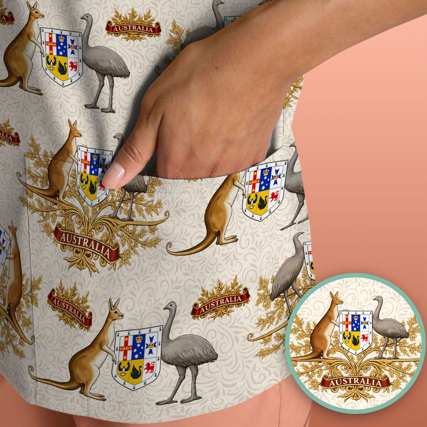 Australian Kangaroo Emu Crest Pattern Scrub Top, Comfortable Scrubs for Nurses