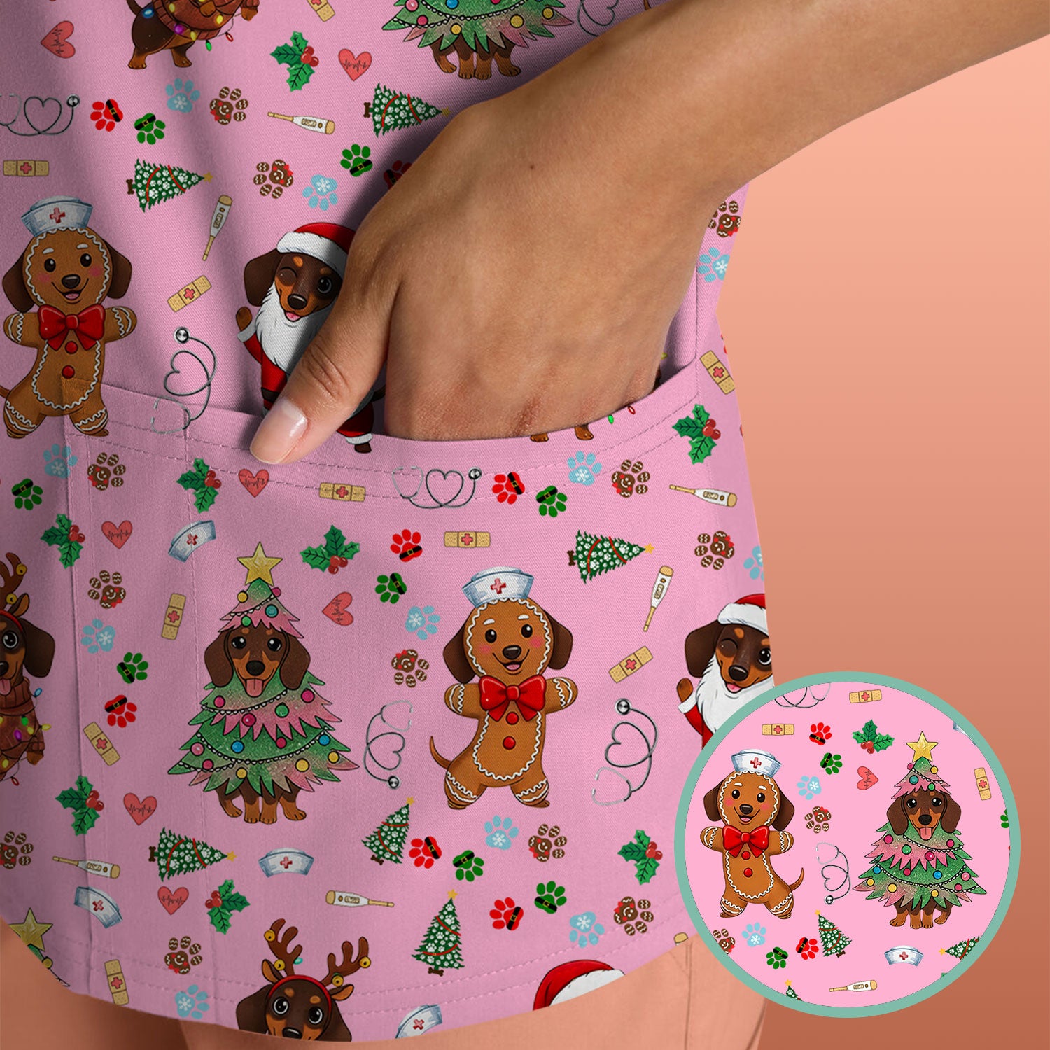 Wiener Dog Christmas Scrub Top – Funny Dachshund Pattern Medical Shirt – Festive Holiday Uniform for RN, LPN, CNA, and Vet Techs
