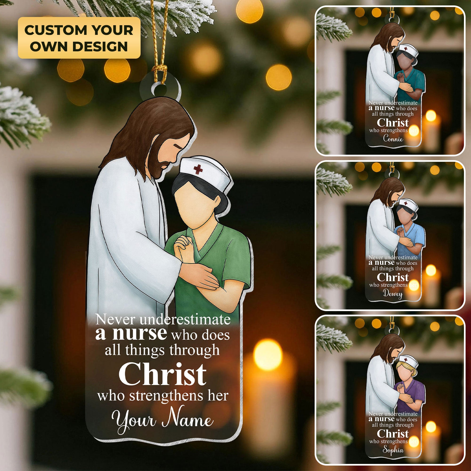 Personalized Christian Nurse Ornament, All Things Through Christ, Gift for RN CNA LPN