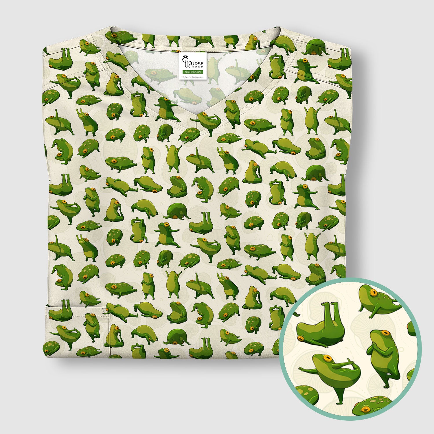 Cute Frog Cartoon Pattern Scrub Top, Comfortable Scrubs for Nurses