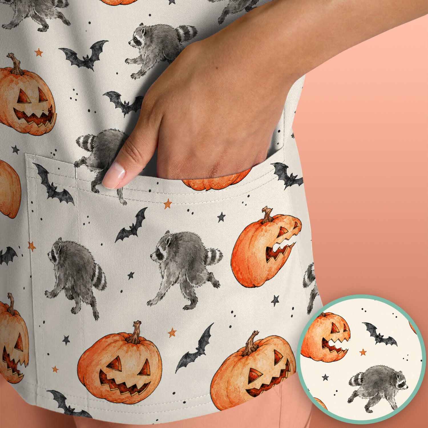 Spooky Halloween Raccoon And Pumpkin Scrub Top, Comfortable Scrubs for Nurses