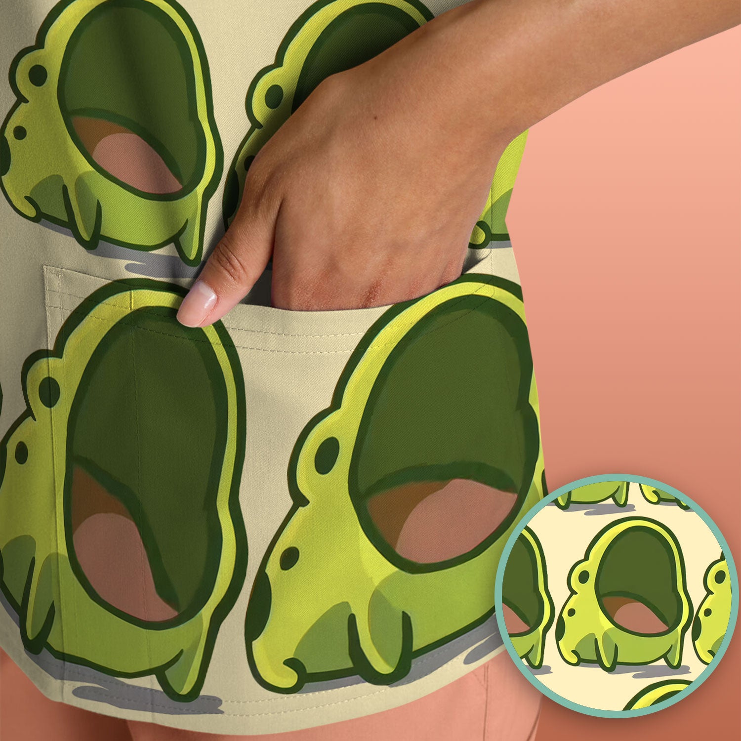 Cute Green Frog Cartoon Pattern Scrub Top, Breathable Fabrics Nursing Uniform