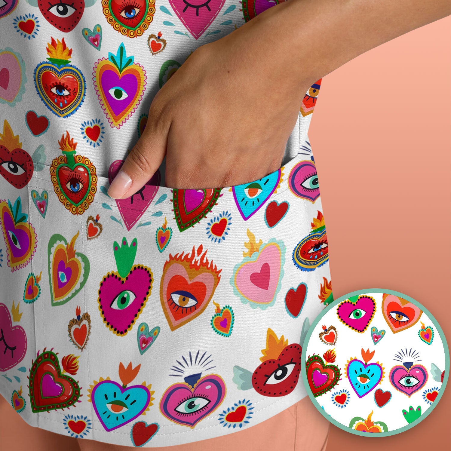Valentine Colorful Sacred Heart Print Medical Scrub Top, Comfortable Scrubs for Nurses