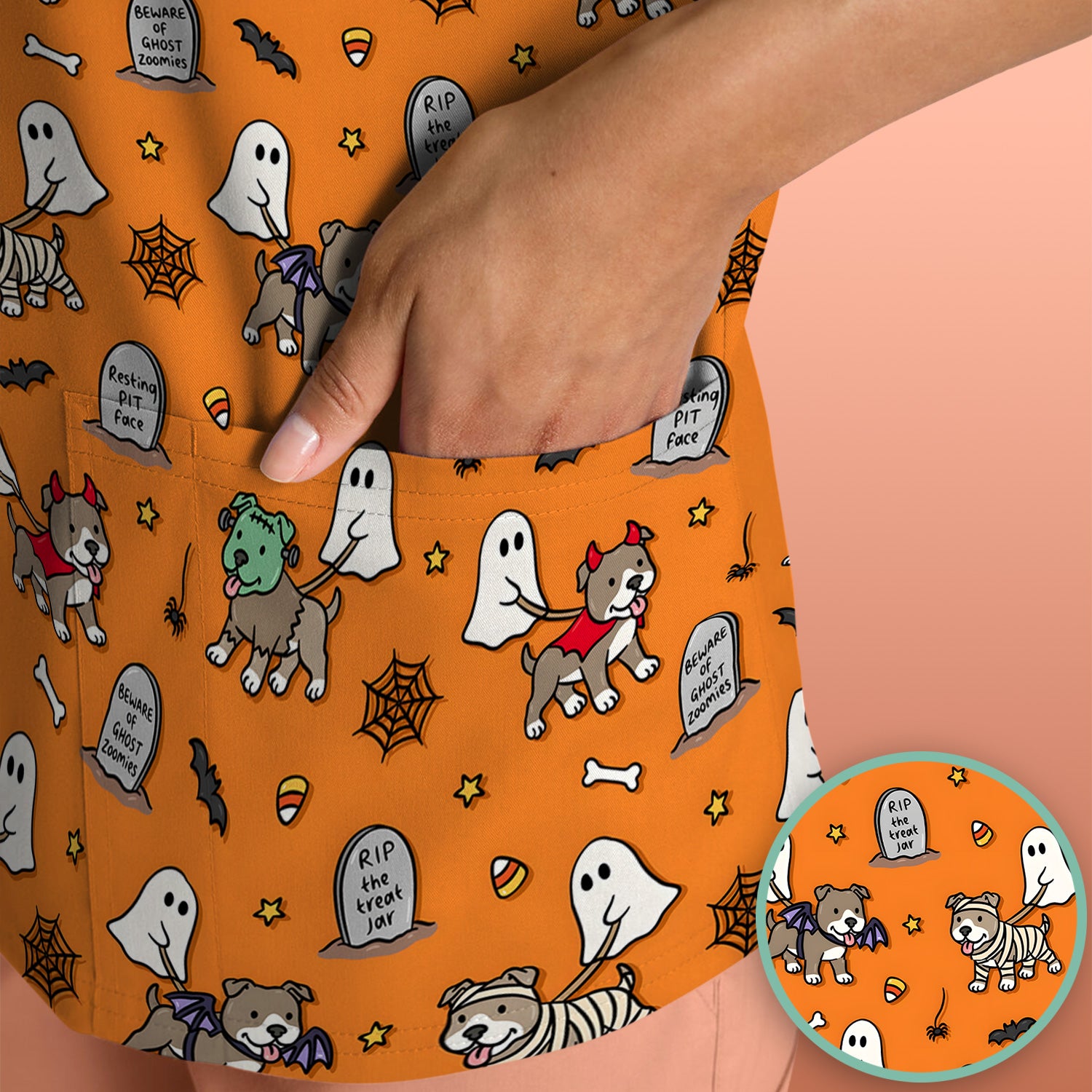 Cute Halloween Pit Bull Costumes Scrub Top, Comfortable Scrubs for Nurses