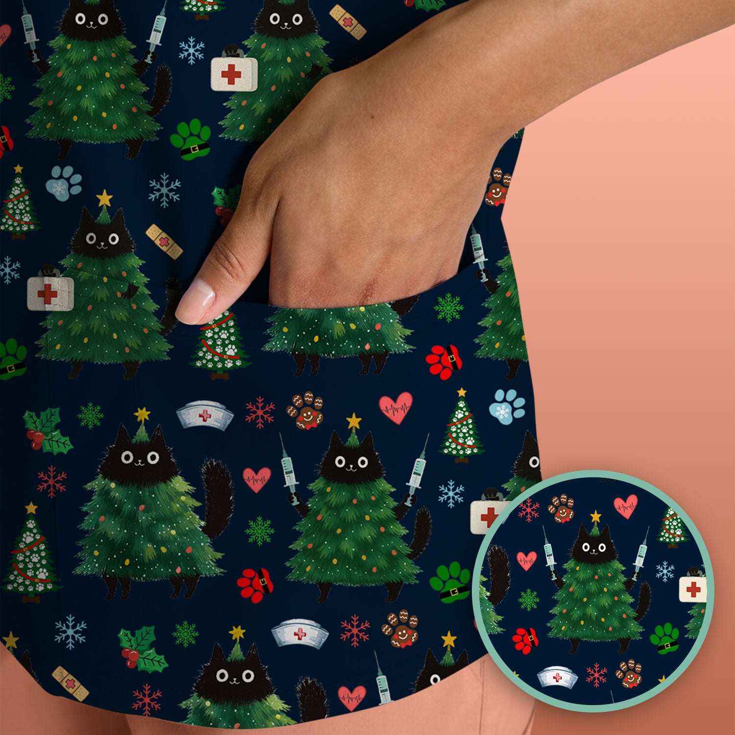 Christmas Nurse Scrub Top, Xmas Black Cat Pattern Nurse Shirt,  Breathable Fabrics Nursing Uniform