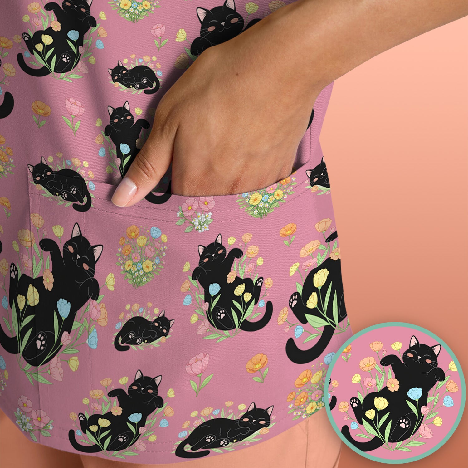 Cats With Cute Poses Floral Pattern Scrubs Top, Comfortable Scrubs for Nurses