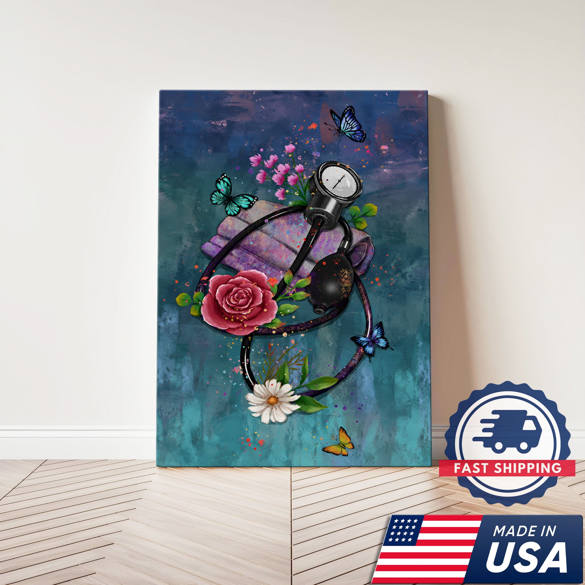 Butterfly Floral Stethoscope Nurse Canvas Wall Art for RN, CNA, Healthcare Office Decor