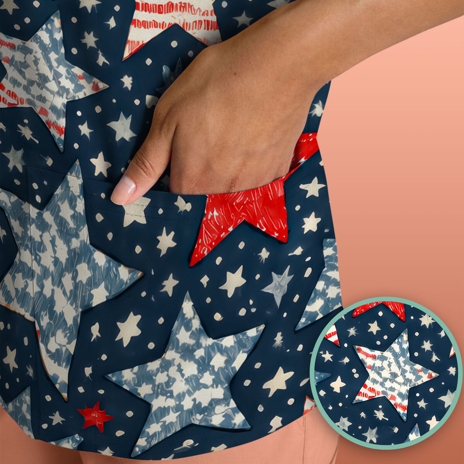 Patriotic Star Pattern Medical Scrub Top, Breathable Fabrics Nursing Uniform