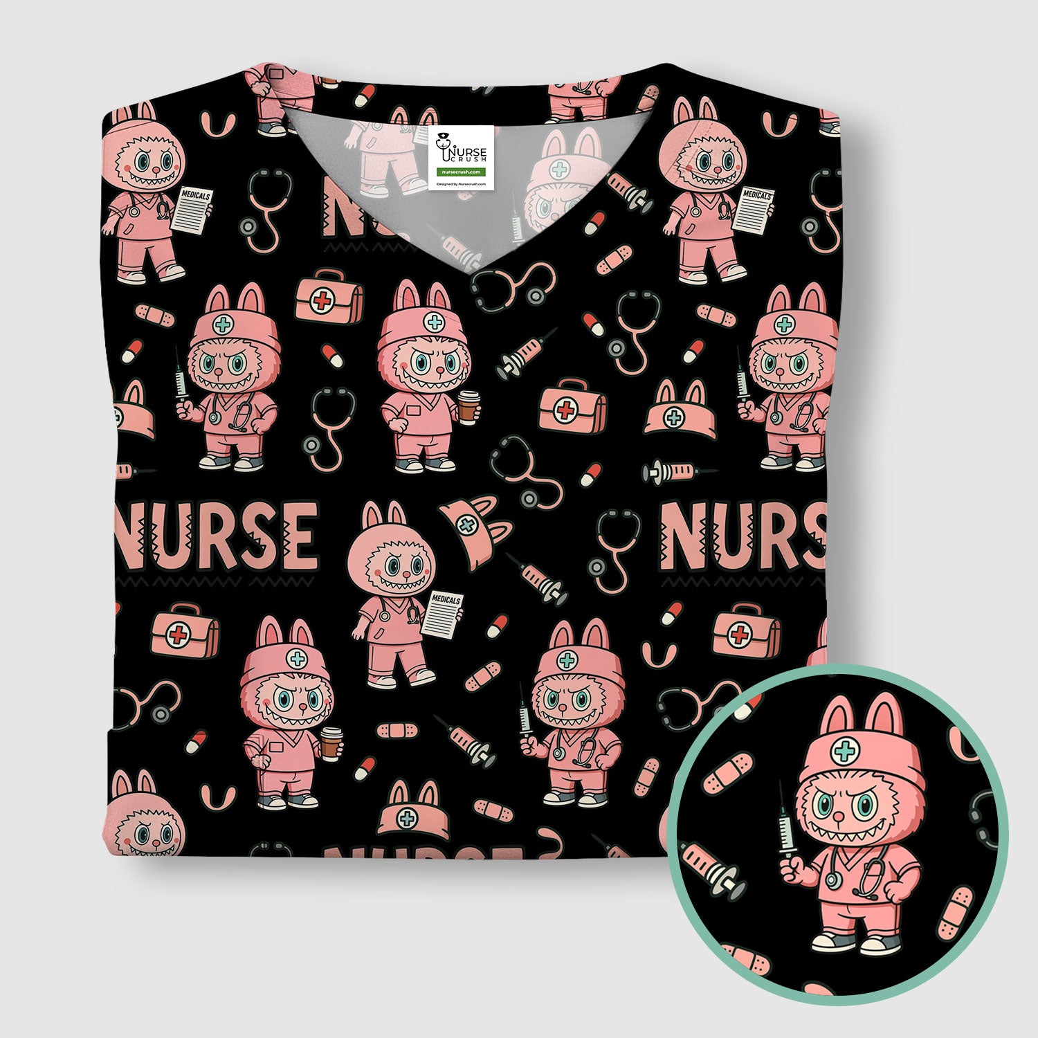 Bunny Cartoon Nurse Scrub Shirt  Cute Medical Top for Women CNA RN Doctor - Fun Scrubs Gift Idea for Nurses, Students, Holiday Season