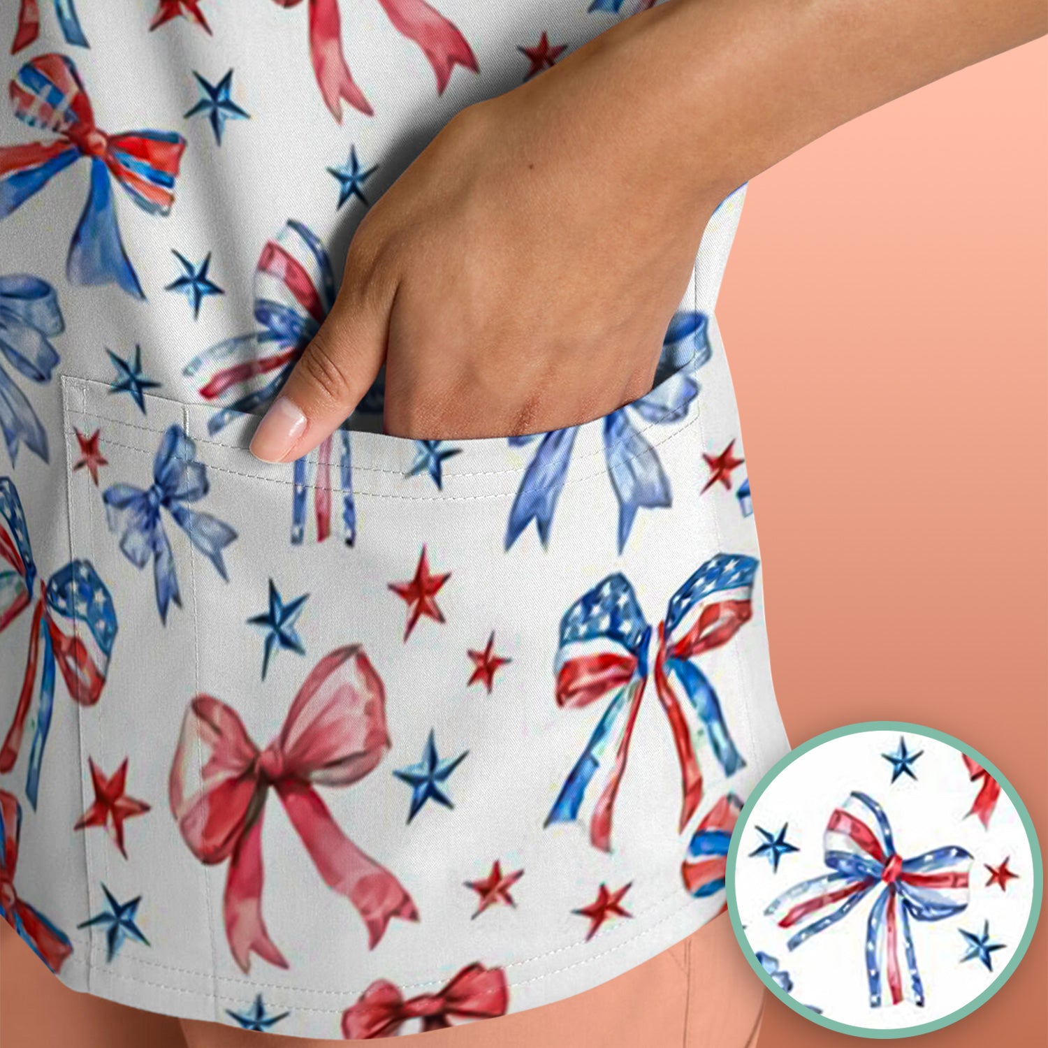 Festive Patriotic Ribbon Bow Star Pattern Scrub Top, Comfortable Scrubs for Nurses