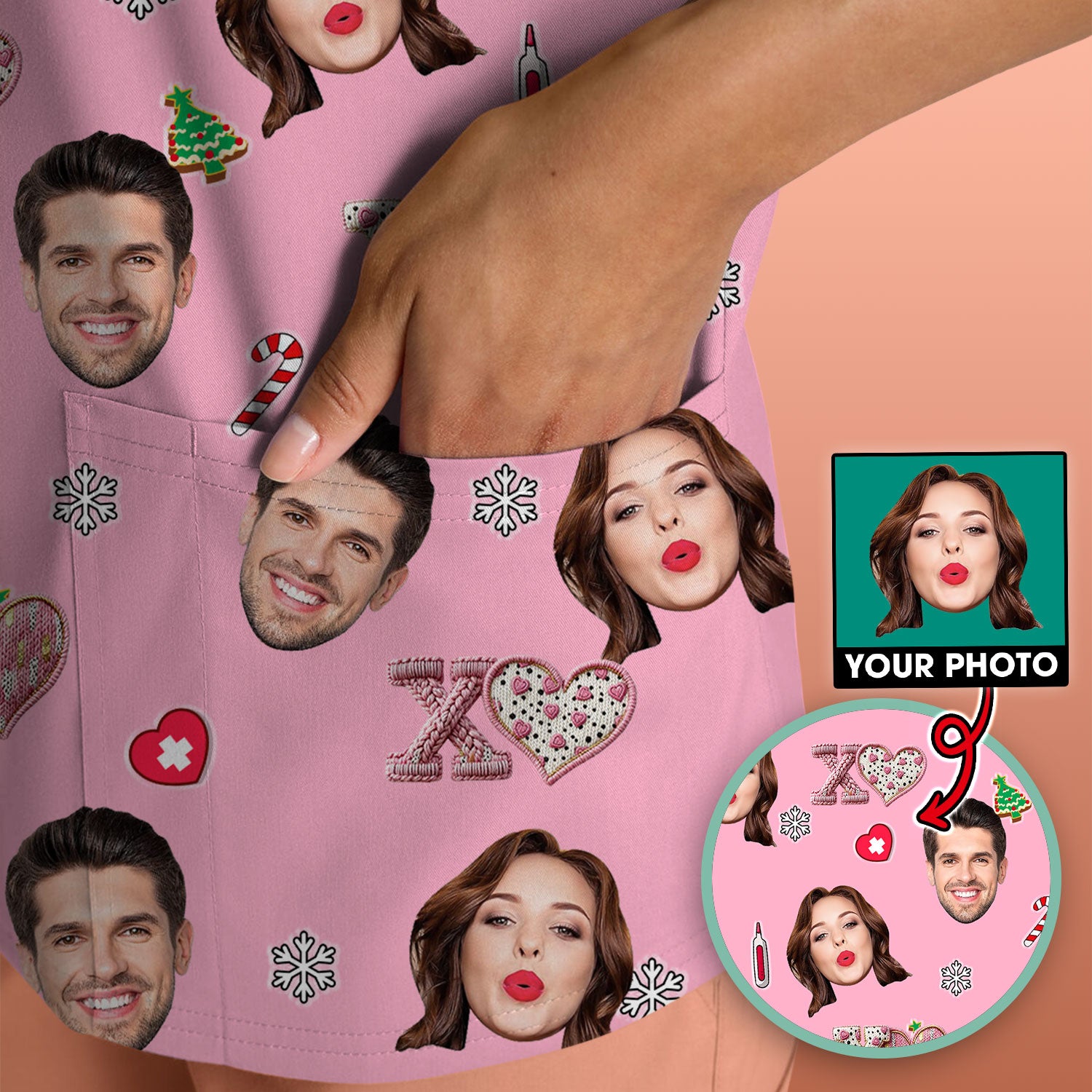 Custom Face Pattern XOXO Scrub Shirt, Personalized Photo Scrub Top, Breathable Fabrics Nursing Uniform