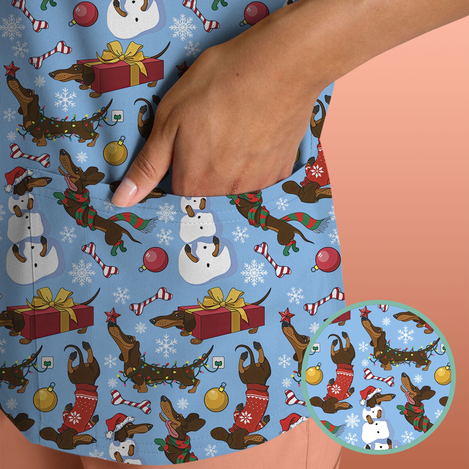 Christmas Nurse Scrubs for Women - Dachshund Dog & Snowman Print - Custom Multi Color Nursing Shirt Holiday Gift