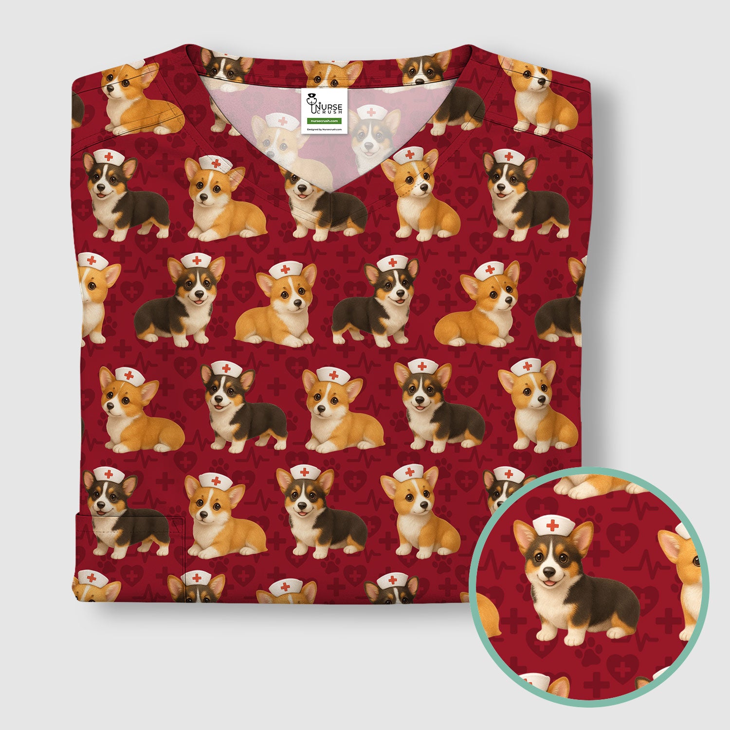 Christmas Corgi Scrubs for Women - Cute Dog Pattern Medical Scrub Top - Festive Holiday Christmas Scrubs with Adorable Corgi Design