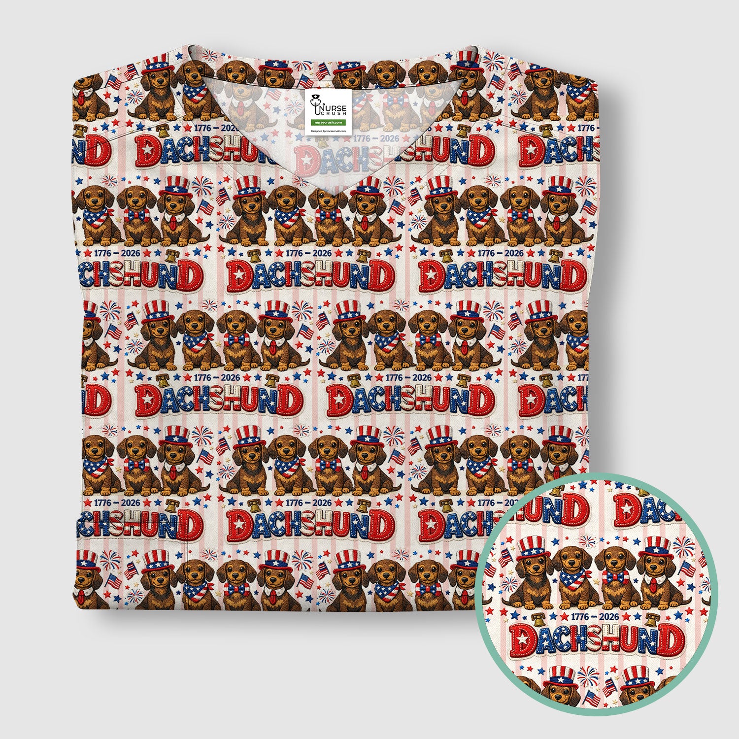 Patriotic Dachshund Fireworks Pattern Scrub Top, Comfortable Scrubs for Nurses