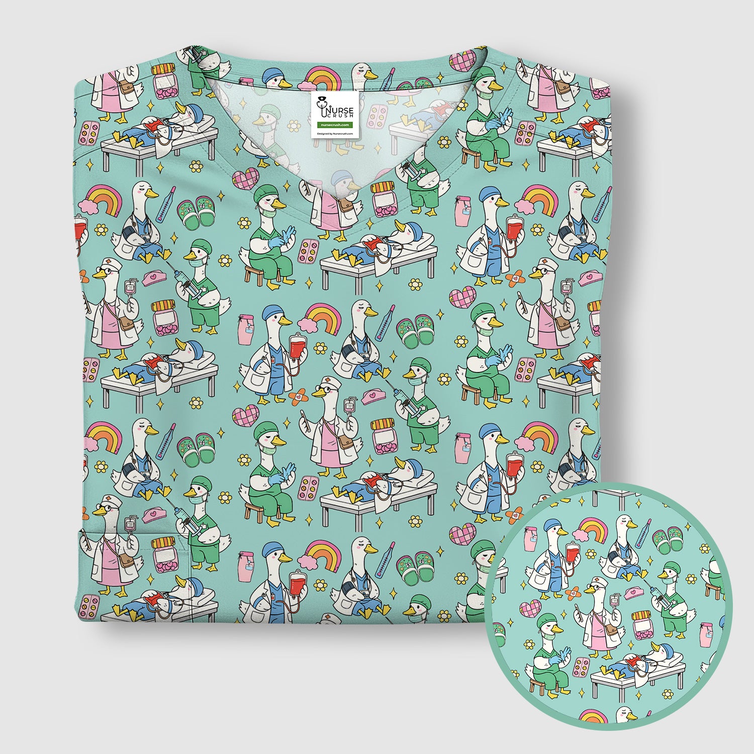 Funny Nurse Duck Medical Doodle Pattern Scrub Top, Comfortable Nurse Workwear Top