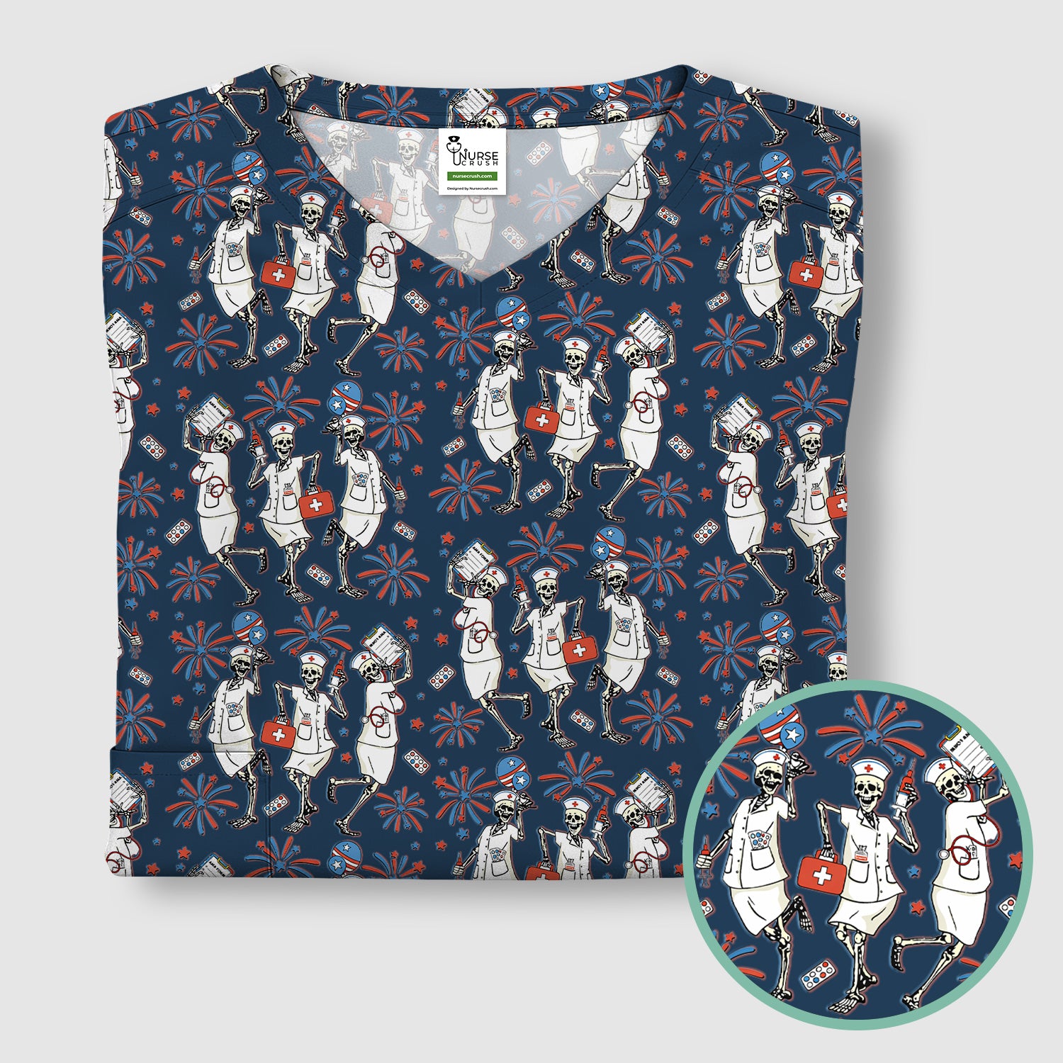 Funny Skeleton Nurse Patriotic Print Scrub Top, Halloween USA Fireworks Nursing Uniform for Women