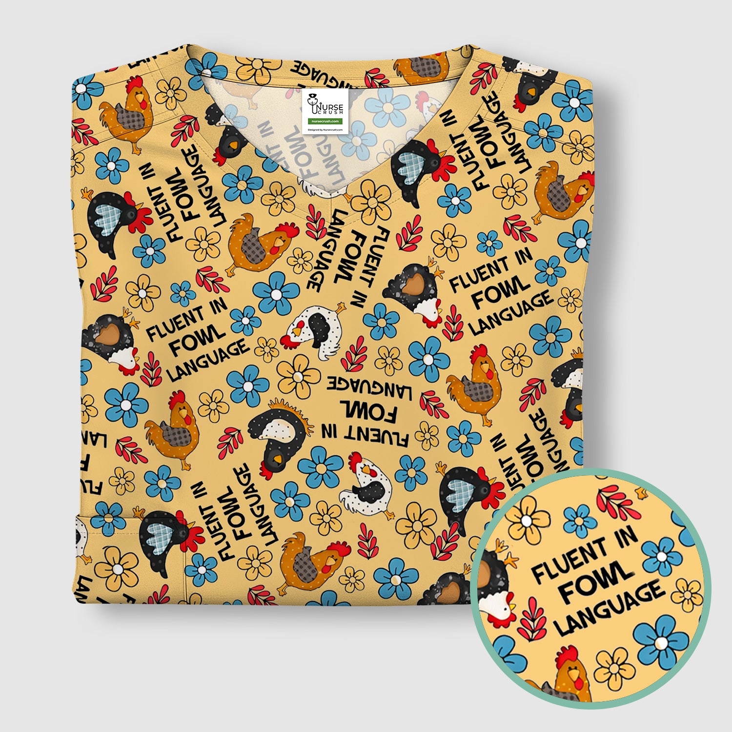 Funny Chicken Fluent in Fowl Language Pattern Scrub Top, Comfortable Scrubs for Nurses