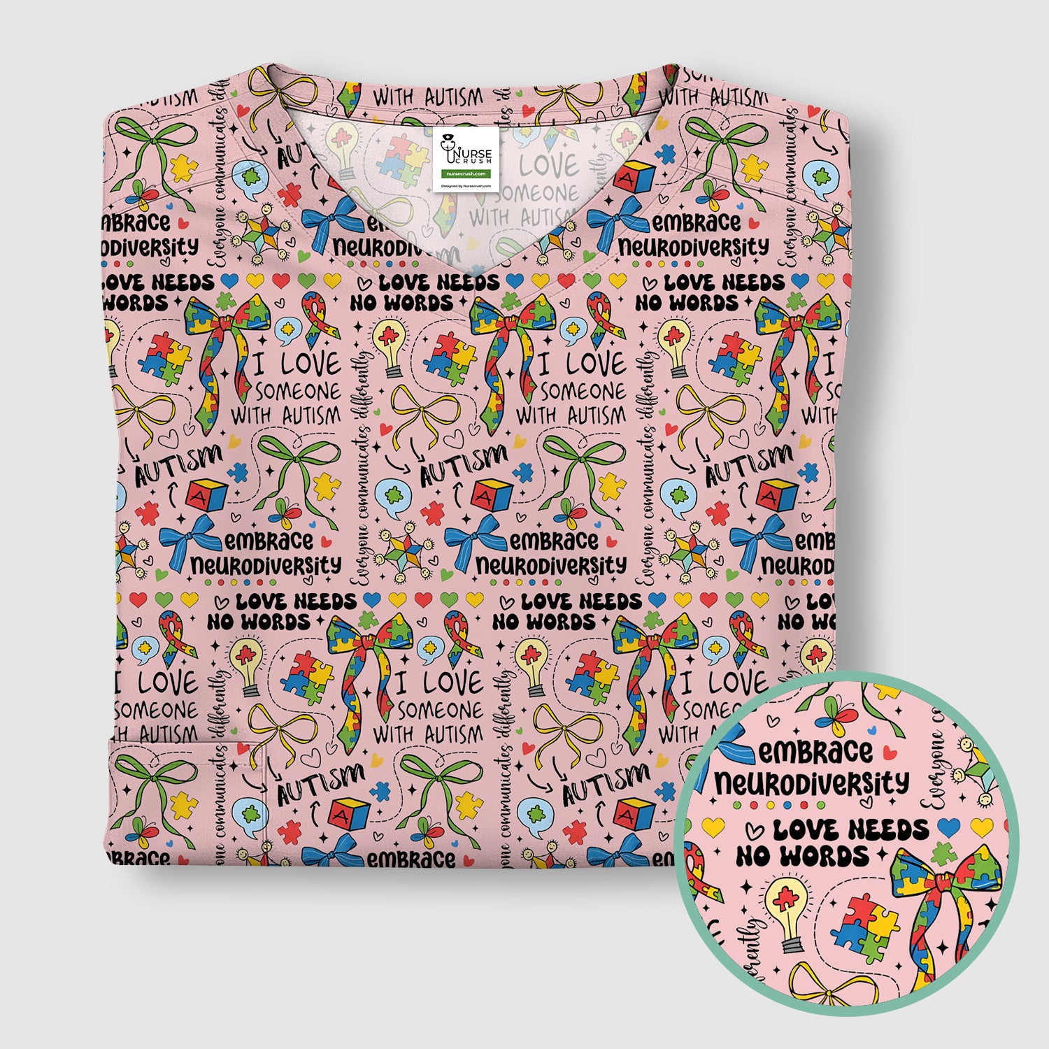 Autism Awareness Puzzle Ribbon Pattern Scrub Top, Breathable Fabrics Nursing Uniform