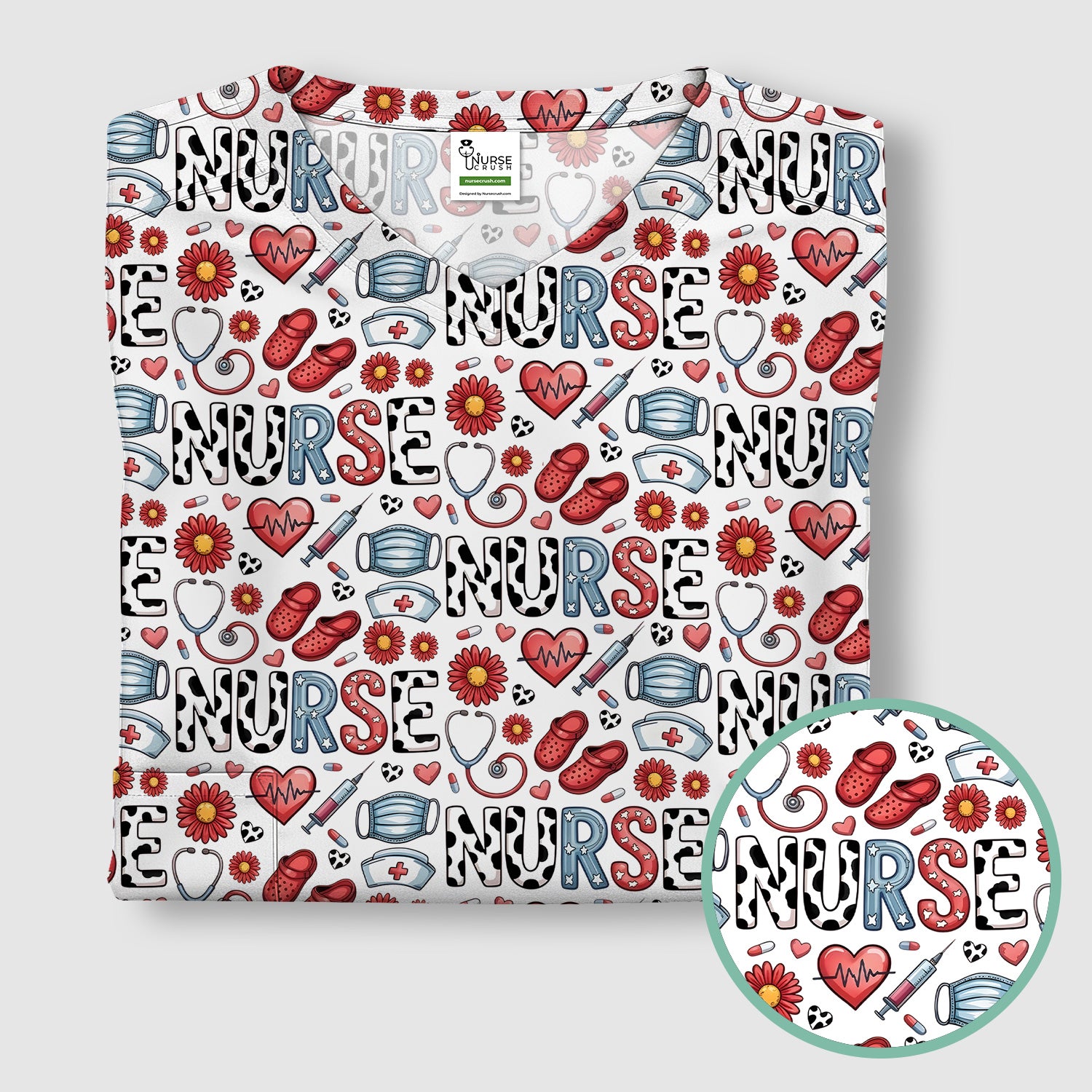 Cute Nurse Medical Icon Pattern Scrub Top, Comfortable Scrubs for Nurses