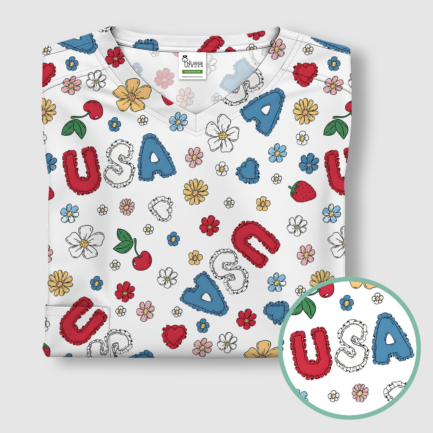 USA Cherry Strawberry Floral Patch Pattern Scrub Top, Comfortable Scrubs for Nurses