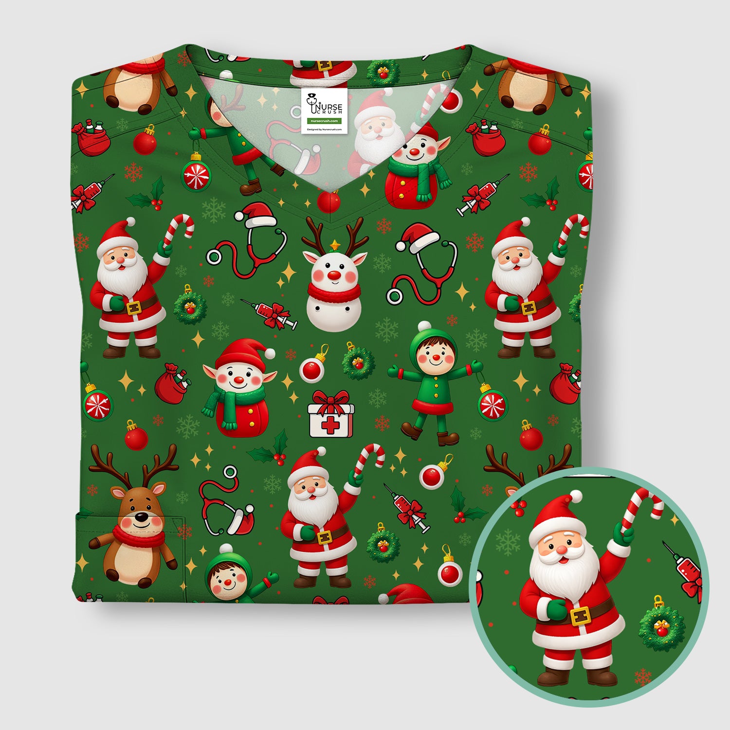 Santa Christmas Scrub Top - Cute Holiday Nurse Medical Shirt - Festive Reindeer Med Uniform for Women RN CNA LPN