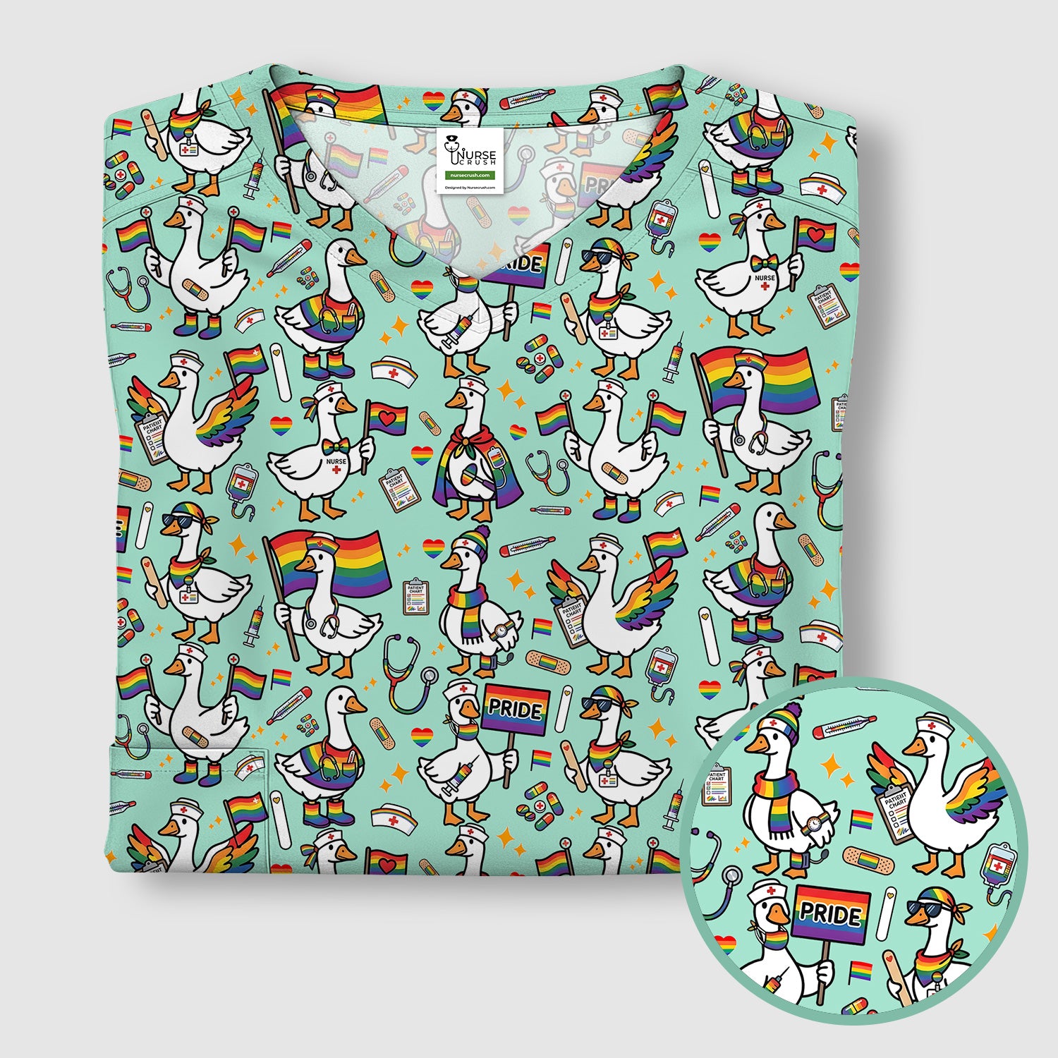 LGBT Pride Nurse Duck Pattern Scrub Top, Breathable Fabrics Nursing Uniform