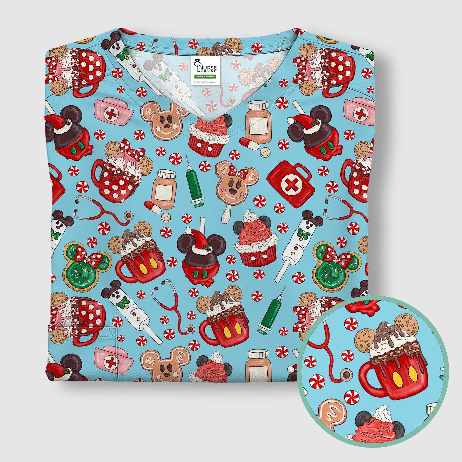 Christmas Scrub Top for Nurses - Cute Gingerbread Cupcake Candy Medical Shirt - Xmas Holiday Uniform for Women RN CNA LPN