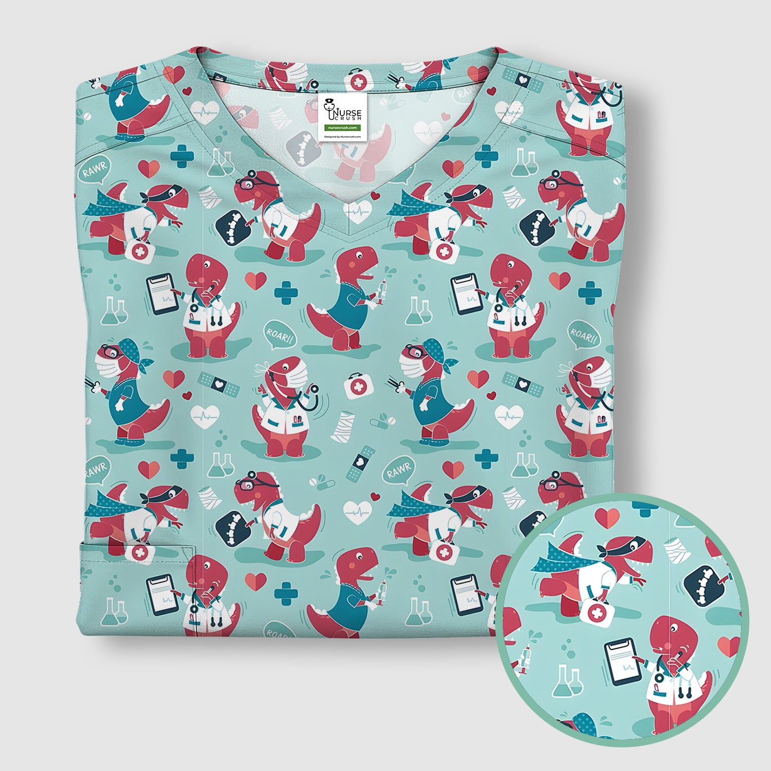Cute Dinosaur Doctor Medical Pattern Scrub Top, Breathable Fabrics Nursing Uniform