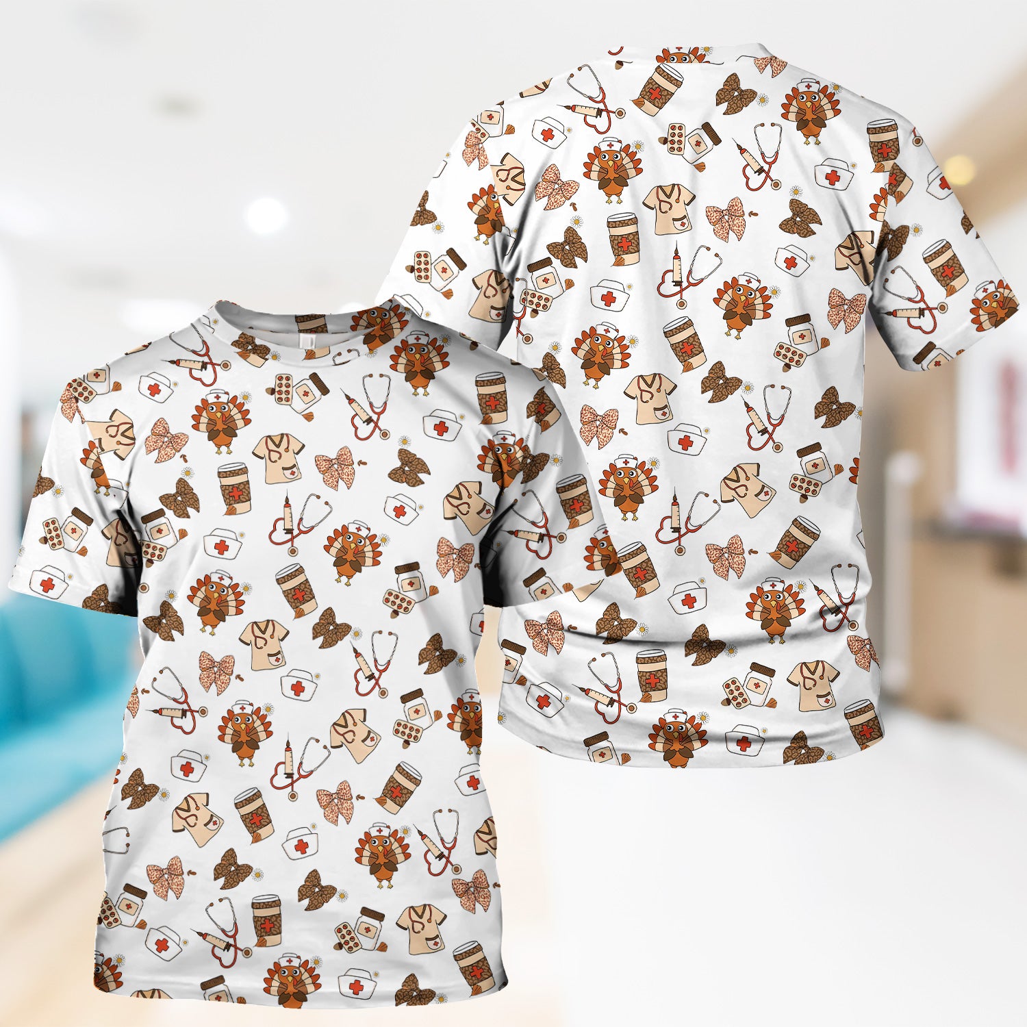 Cute Nurse Fall Season Scrub Top - Thanksgiving Turkey & Stethoscope Medical Design  - Gift for RN LPN CNA