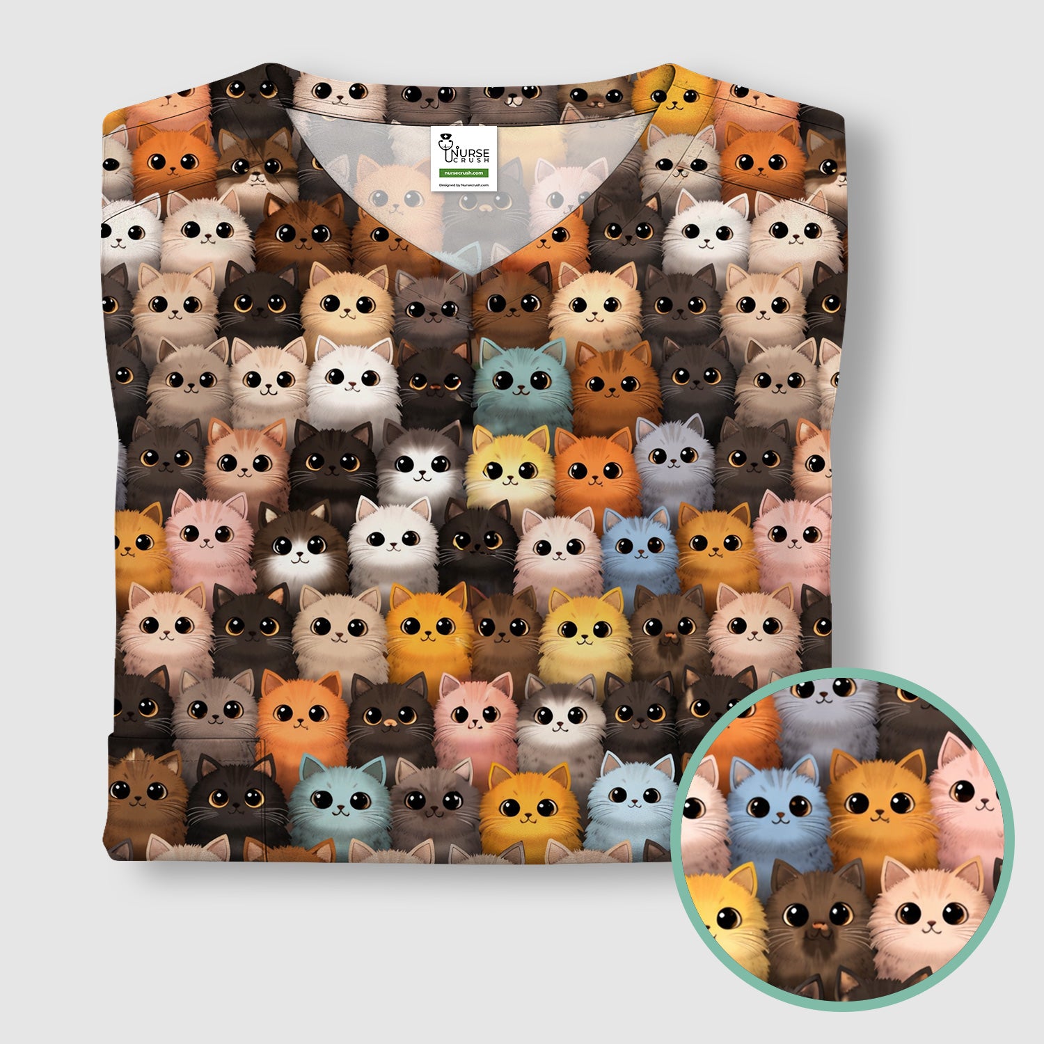 Cute Colorful Cat Pattern Scrub Top, Lightweight Medical Work Uniform