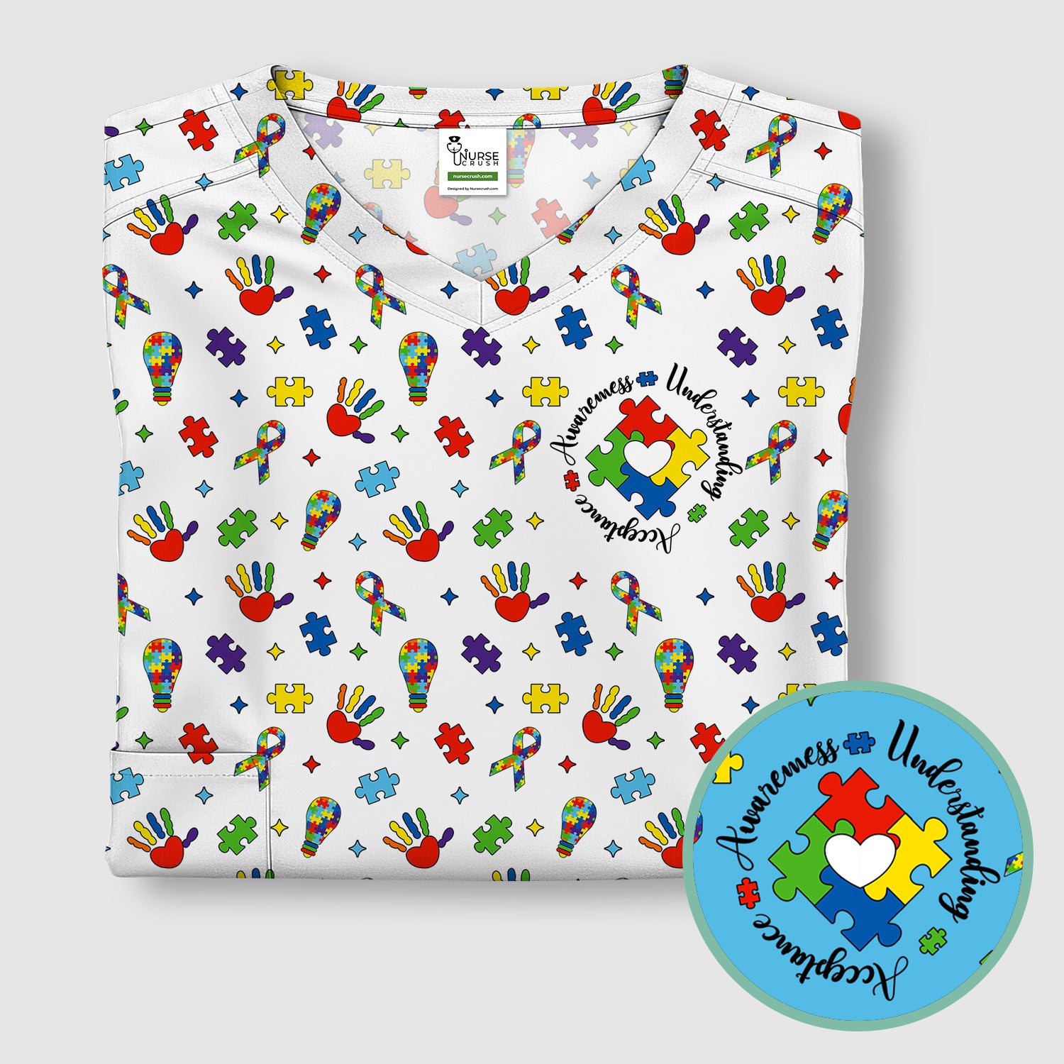 Autism Awareness Colorful Puzzle Pattern Scrub Top, Comfortable Scrubs for Nurses