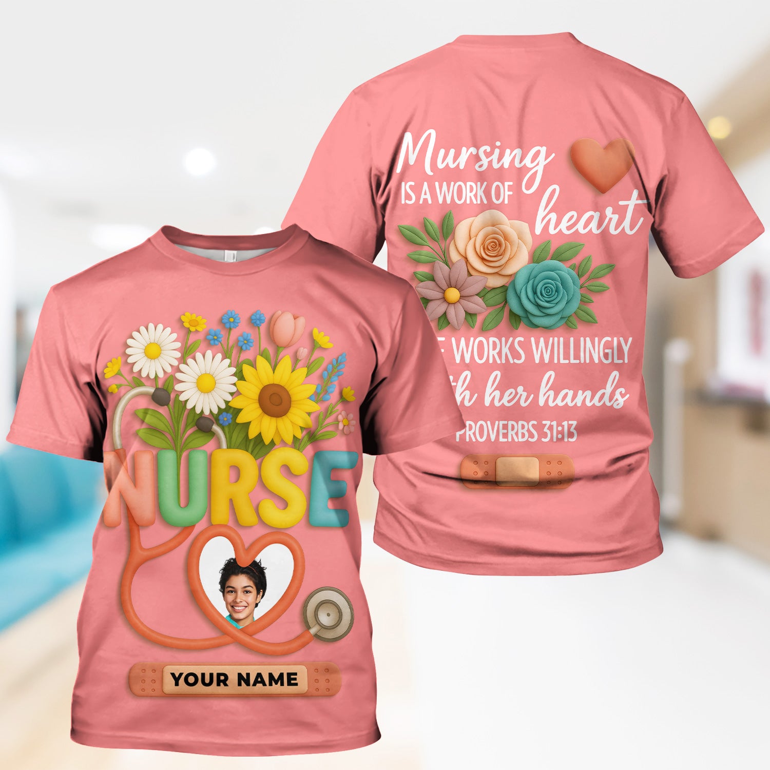 Nurse Appreciation Shirt for CNA RN LPN - Floral Heart Stethoscope Design - Custom Photo & Name Gift for Women Healthcare Workers - Multiple Shirt Colors Available