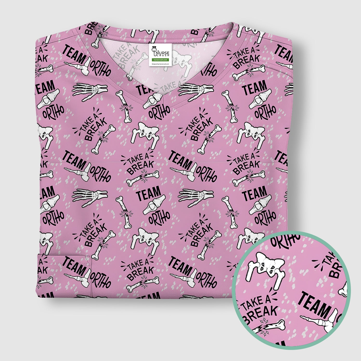 Team Ortho Bone Joint Print Scrub Top, Breathable Fabrics Nursing Uniform
