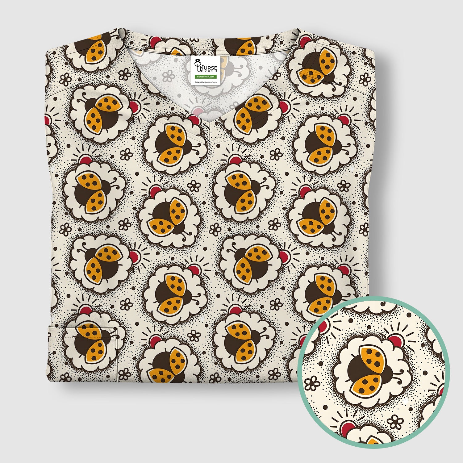 Cute Ladybug in Floral Frame Pattern Scrub Top, Breathable Fabrics Nursing Uniform