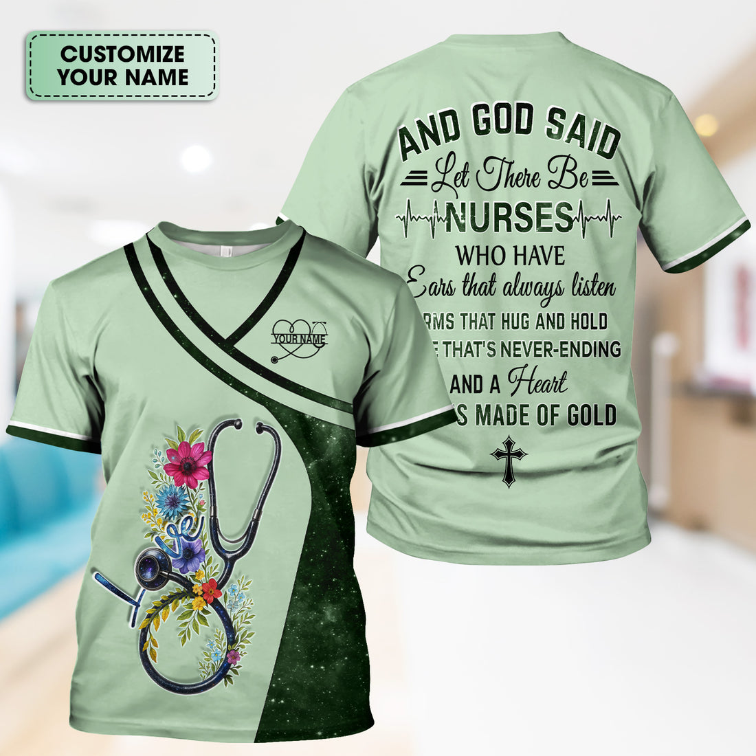 Custom Nurse Love T-Shirt - Floral Stethoscope & Galaxy Design - Personalized Gift for RN LPN CNA Healthcare Professionals