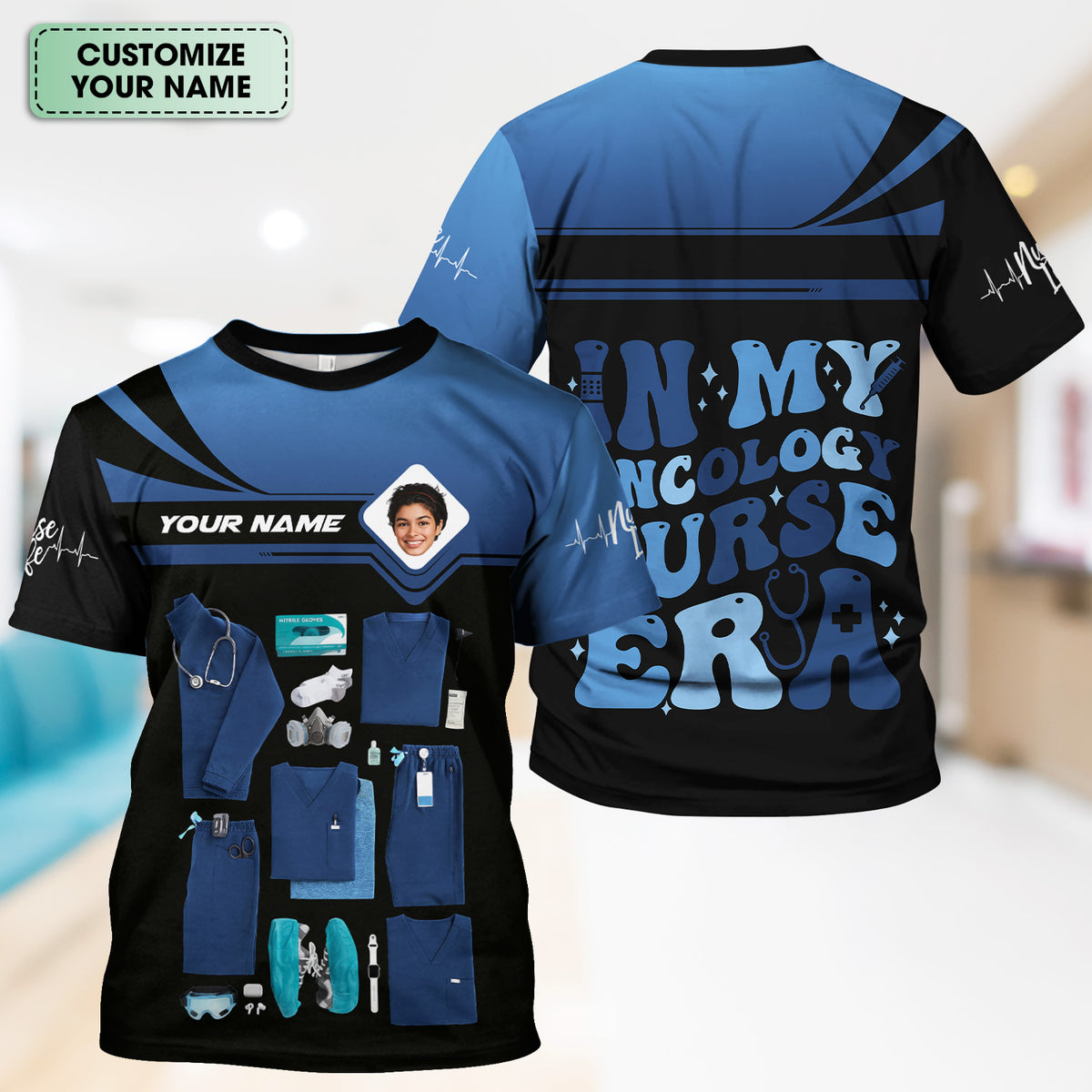 Personalized Oncology Nurse Scrub Shirt - Custom Photo & Name - In My Nurse Era Design - Gift for RN, LPN, Healthcare Worker