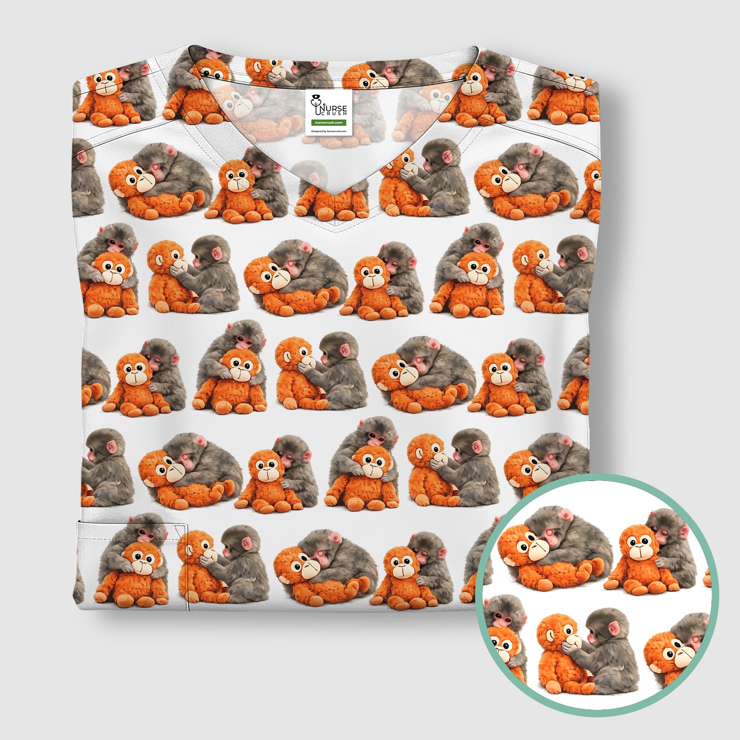 Cute Baby Monkey Plush Toy Animal Pattern Scrub Top, Breathable Medical Uniform Top